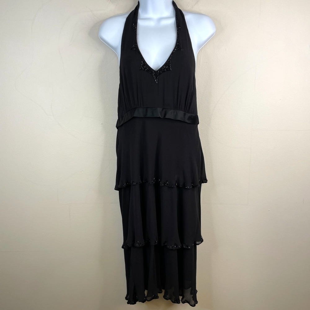 Vintage Y2K Statement Backless Silk Dress NWOT 10 Beaded Tiered Ethereal Flowy